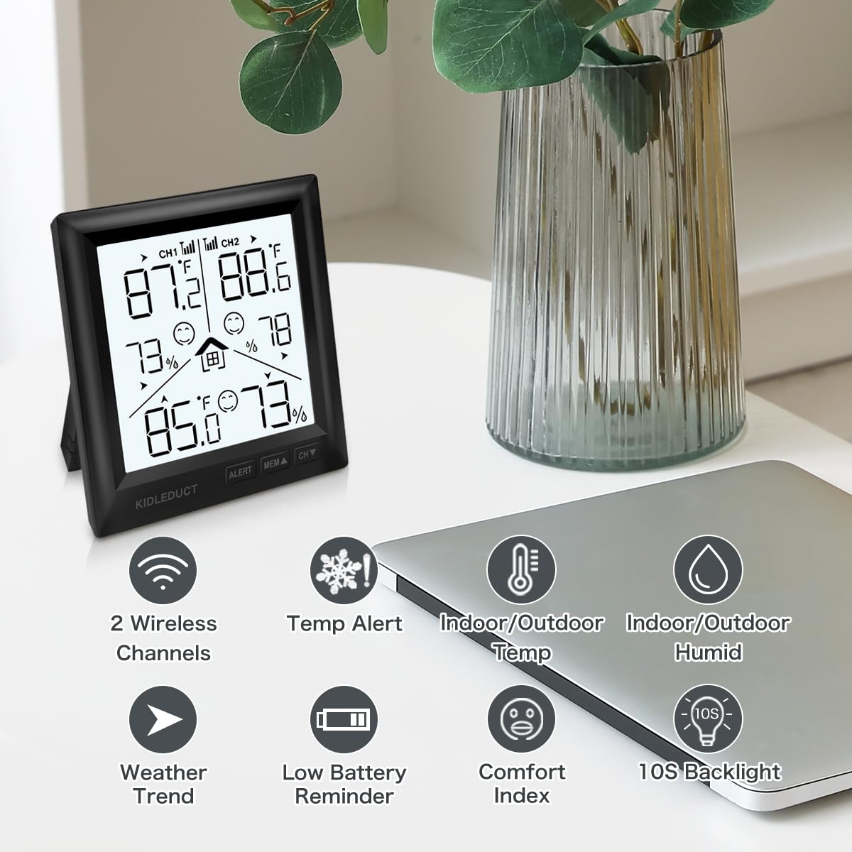 KIDLEDUCT Indoor Outdoor Thermometer Wireless Battery Powered, High Precision Inside Outside Humidity Temperature with Alert, Backlight Weather Thermometers with 2 Sensors, 330ft Wireless, Black