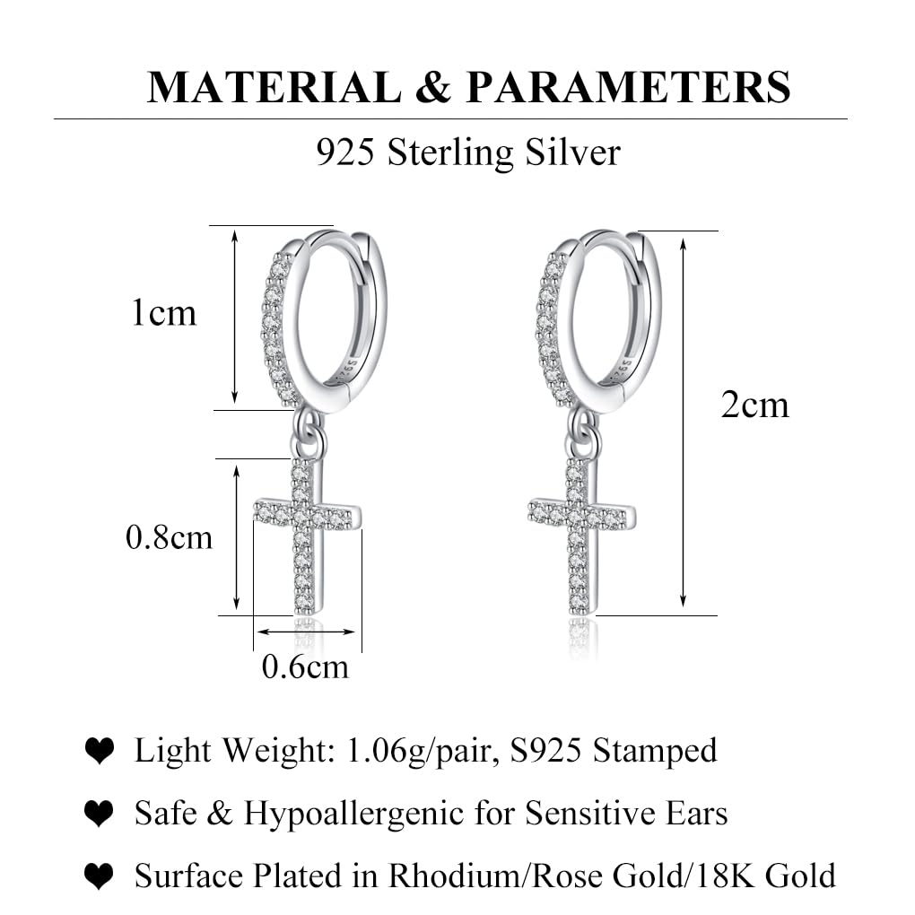 SLUYNZ 925 Sterling Silver Cross Hoop Earrings for Women Teen Girls Small CZ Hoop Earrings Huggie Drop (A-Silver)