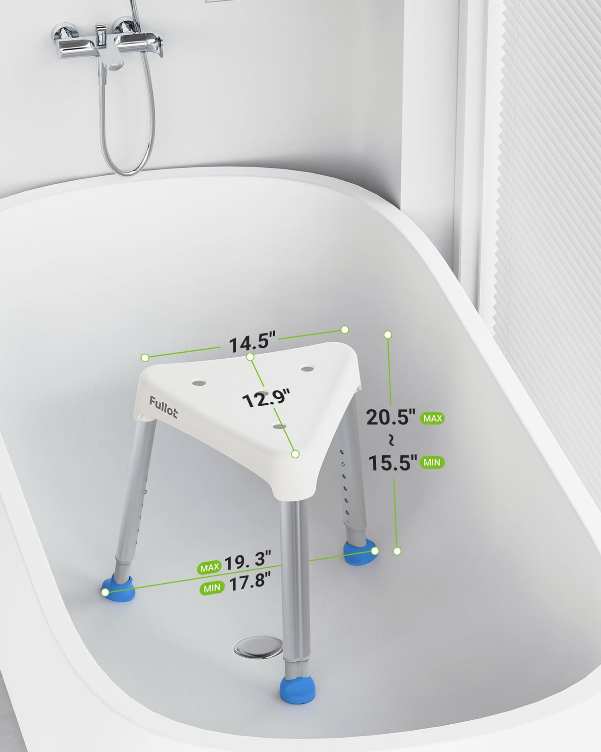 FULLOT Space-Saving Triangular Shower Chair for Elderly and Disabled, 400 lbs Adjustable Shower Stool Seat with Stable-Bracing, Non-Slip Bathtub Chair, Tool-Free Assembly, FSA/HSA Eligible