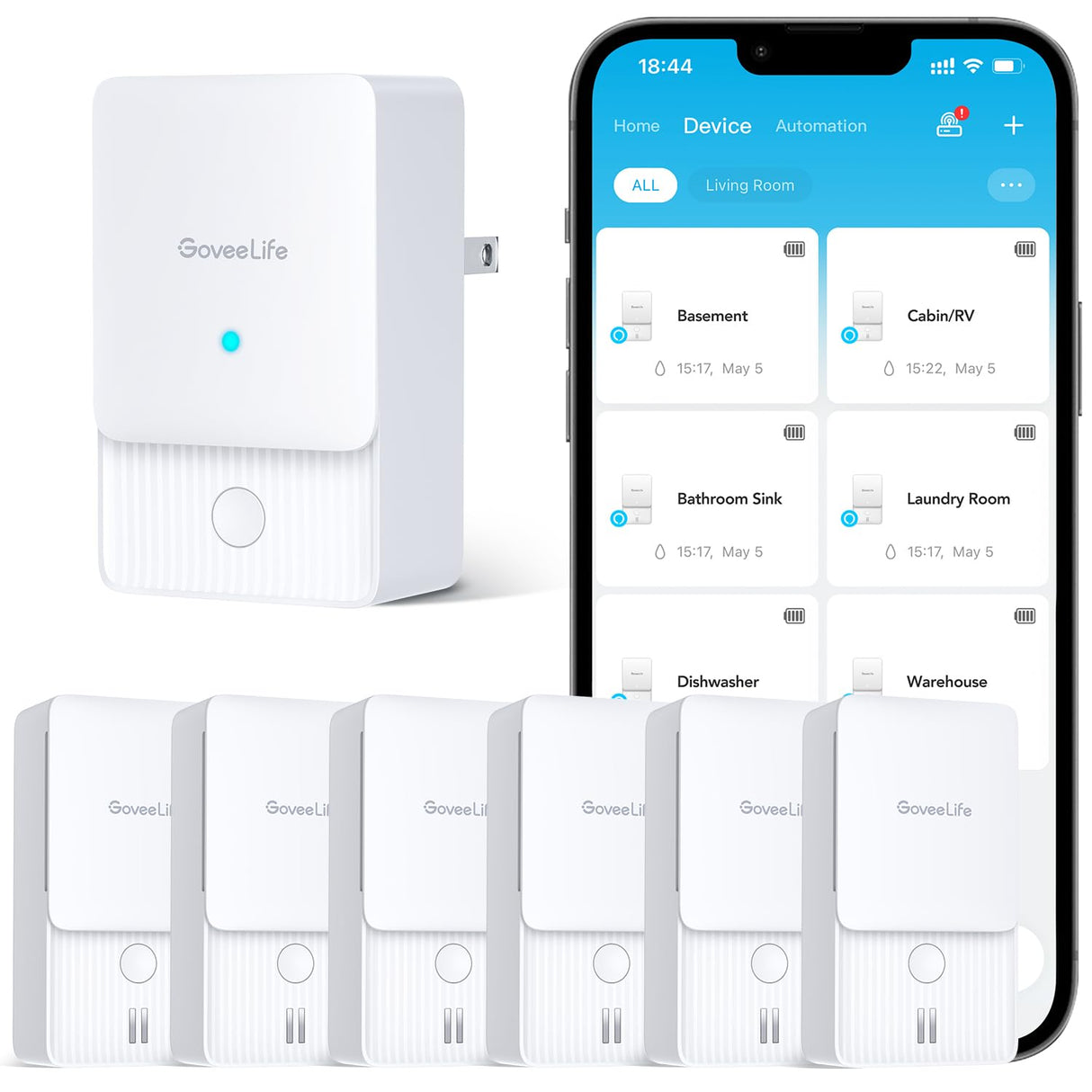 GoveeLife Premium Smart Water Leak Detector 2 with 1968ft Ultra-Long Range, WiFi Water Sensor with SMS/Email/APP Push and Sound Alarm, 5-Year Battery Life, Suitable for Home, Basement, Kitchen, 6 Pack