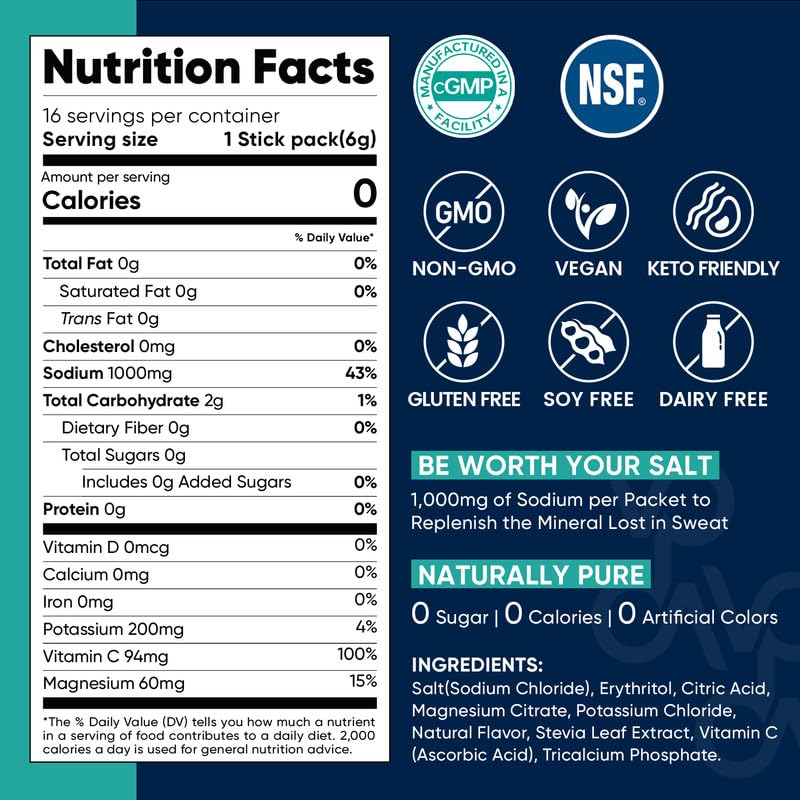 Venture Pal High Sodium Sugar Free Electrolytes Powder Packet - Hydration Packets with Vitamin, Sodium & Potassium | Zero Calories | Vegan, Keto & Paleo Friendly Electrolyte Drink Mix - 16 Sticks