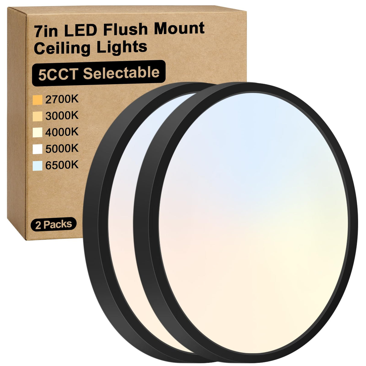 Brightever Black Flush Mount Ceiling Light, 7 Inch 12W, Super Slim 0.67 Inch 1200LM LED Ceiling Light Fixtures, Dimmable & 2700K/3000K/4000K/5000K/6500K 5 Color in One Ceiling Lamp for Closet, 2 Packs