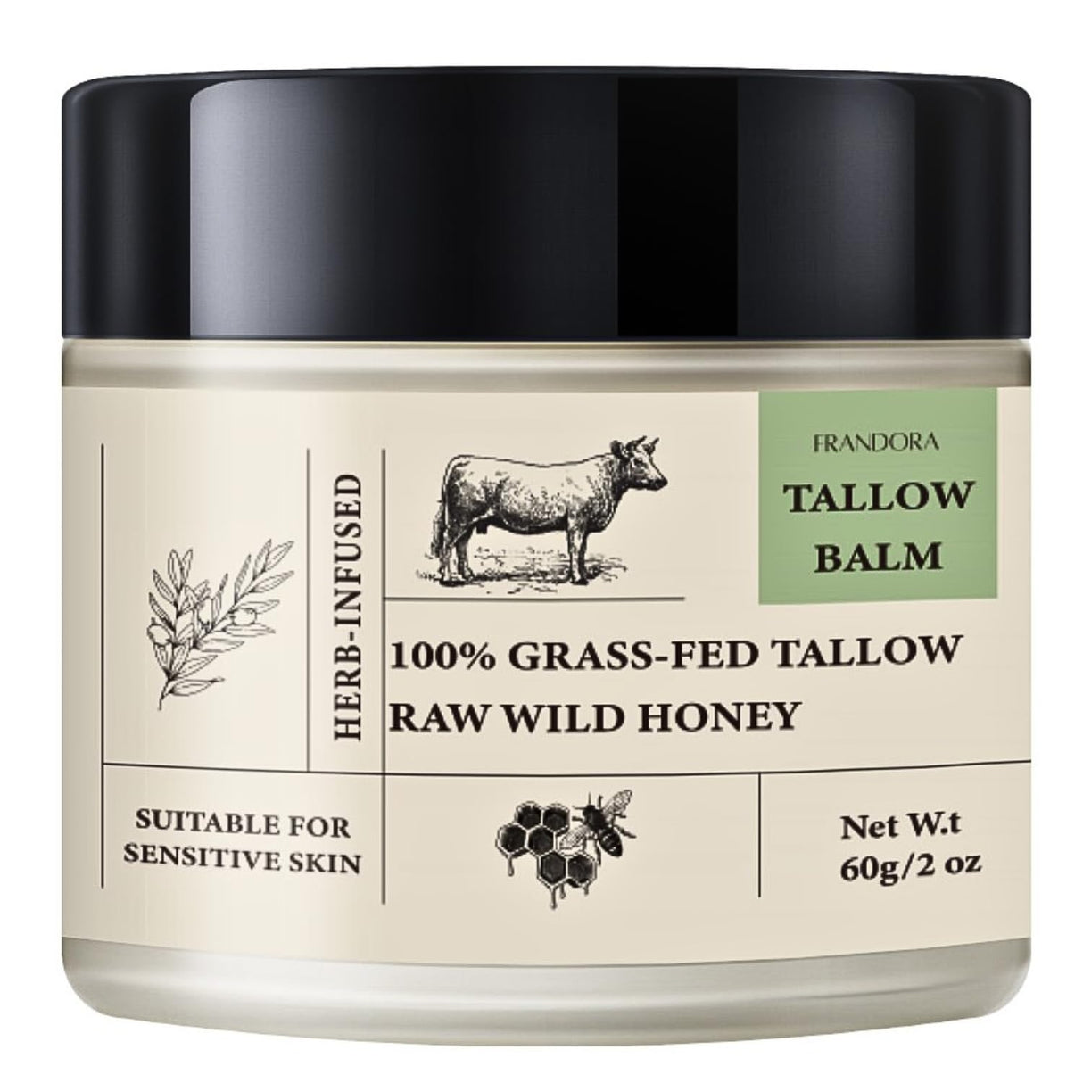 FRANDORA Beef Tallow & Honey Balm – All-Natural Moisturizer Hydrates and Nourishes the Skin, Grass-fed Beef Tallow Honey Balm blend - Ultra-Nourishing Moisturizer for Face, Body & Hands.