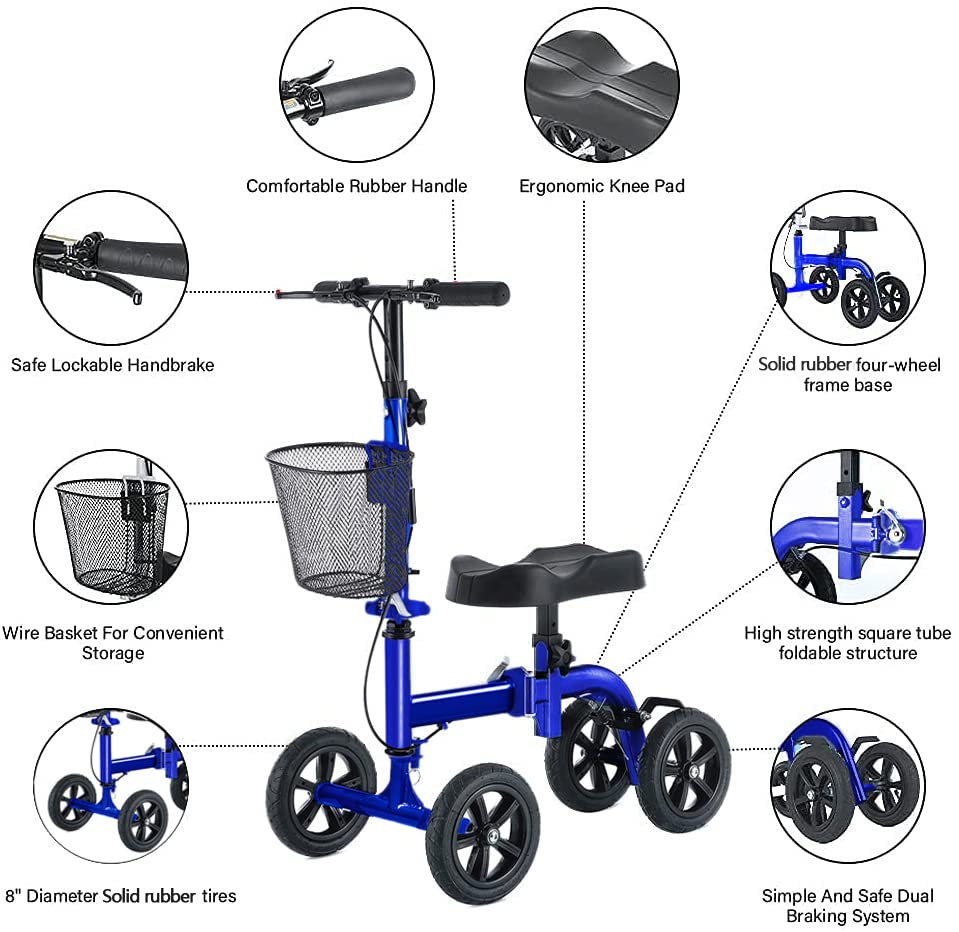 RINKMO Knee Scooter, Foldable Knee Walker Economical Leg Scooters for Foot Injuries Best Crutches Alternative (Blue)