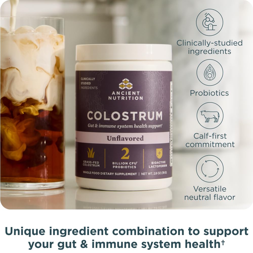 Ancient Nutrition Colostrum Superfood Powder, Grass Fed Bovine Colostrum, Supports Healthy Gut Microbiome and Immune System, Clinically Studied Lactoferrin & Probiotics, Unflavored, 60 Servings