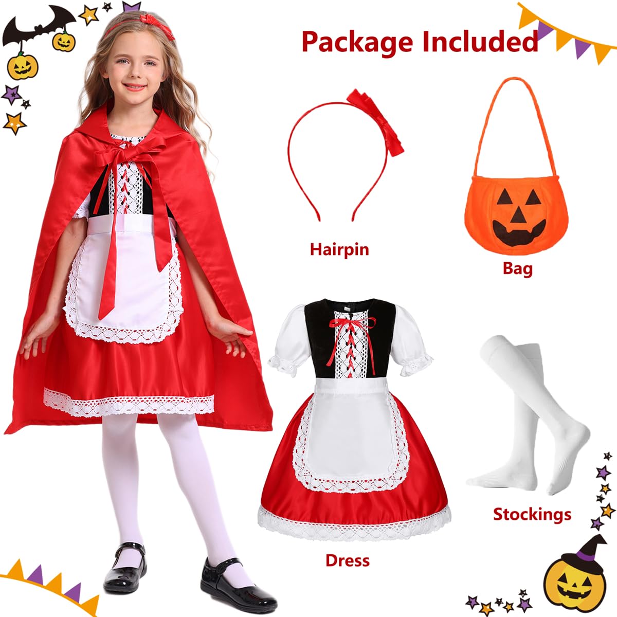 Mosong Little Red Riding Hood Costume for Girls Kids Halloween Christmas Cosplay Costumes Dress and Red Hooded Cloak MS032XXL