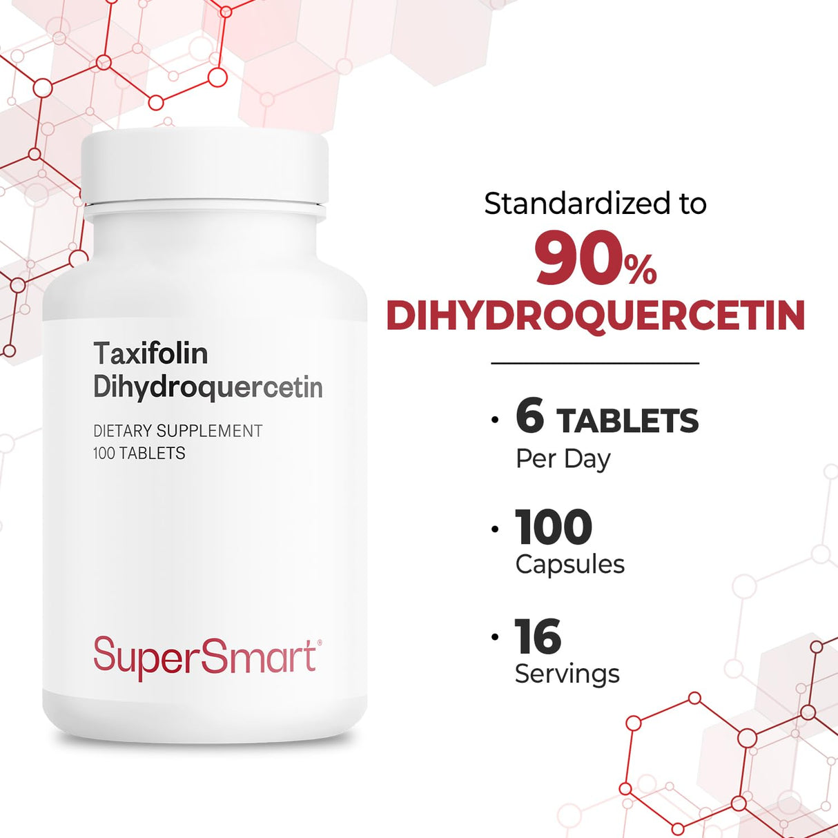 Supersmart - Taxifolin Dihydroquercetin 60mg per Day (90% DHQ Supplement) - Russian Siberian Dahurian Larch Tree Extract - Antioxidant Bioflavonoid | Non-GMO & Gluten Free - 100 Tablets