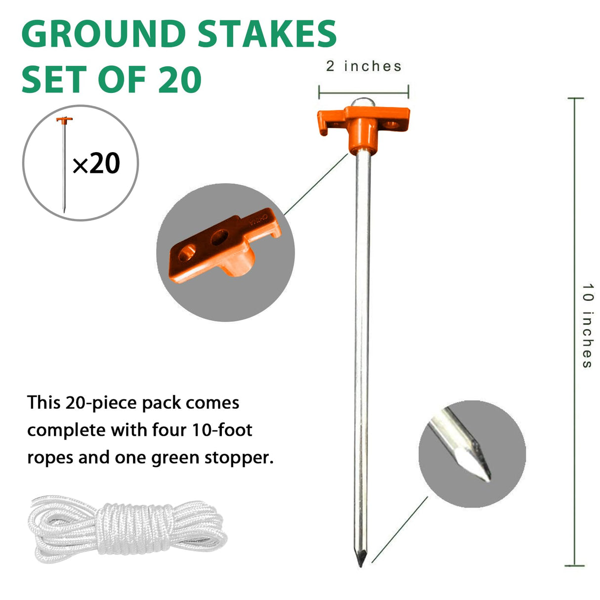 Eurmax USA 20-Pack Secure Protection Galvanized Tent Stakes,Rust-Proof Steel Canopy Anchors for High Winds,Heavy Duty Commercial Ground Pegs for Camping,Pop Up Tents&Gazebos - Includes 4x10ft Ropes