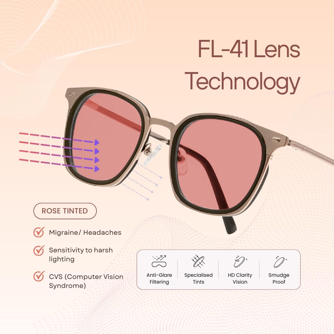 BRADDELL FL-41 Photochromic Rose Migraine Light Sensitivity Glasses for Fluorescent LED Glare & Concussion