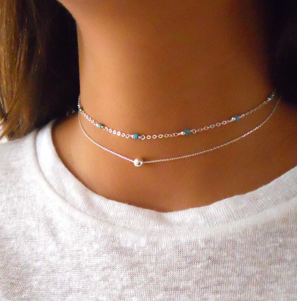 Anika Bella Ball Choker Necklace, Dainty Bead Pendant, Waterproof Minimalist Jewelry for Women (Silver)