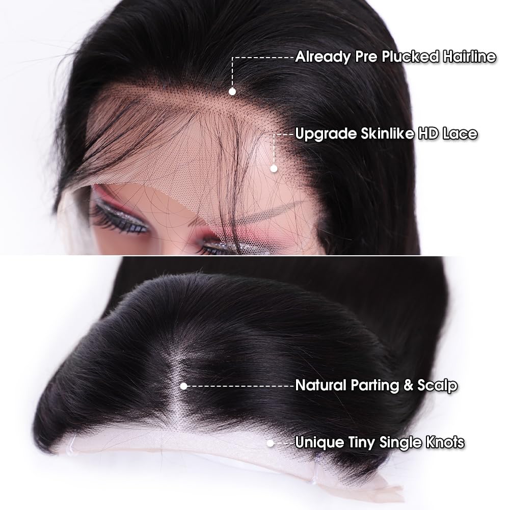 Flady 28 inch Straight HD Lace Front Wigs Human Hair Pre Plucked 180 Density 13x4 Glueless Bone Straight Human Hair Wigs For Black Women Transparent Lace Frontal Wig With Baby Hair
