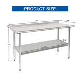 HARDURA Stainless Steel Table Prep & Work Table 24 x 60 Inches NSF Heavy Duty Commercial with Undershelf and Backsplash for Restaurant Kitchen Home and Hotel