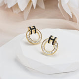 Hothink H Stud Earrings 14K Gold Plated Earrings Enamel Earrings Dainty Stud Earrings for Women Birthday Gifts for Women (Gold-Black)