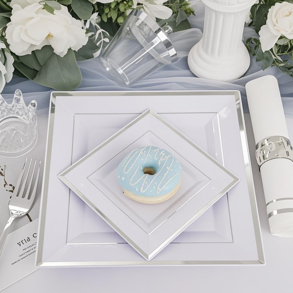 Festiva 350Pcs Silver Plates - Silver Square Plastic Plates 9 .5" and 6" - serve for 50 guests include 50 Cups 50Plastic Cutlery 50Hand Napkins Perfect for Party&Wedding&Birthday&Christmas