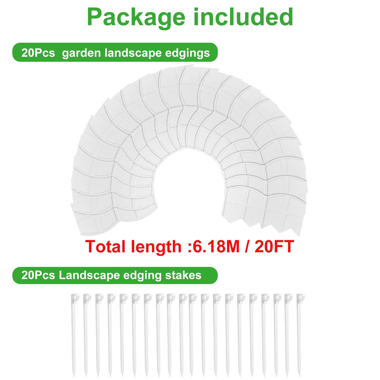 6 Inch Tall 20Ft White Landscape Edging Border with 7.8In Stakes,20Pcs