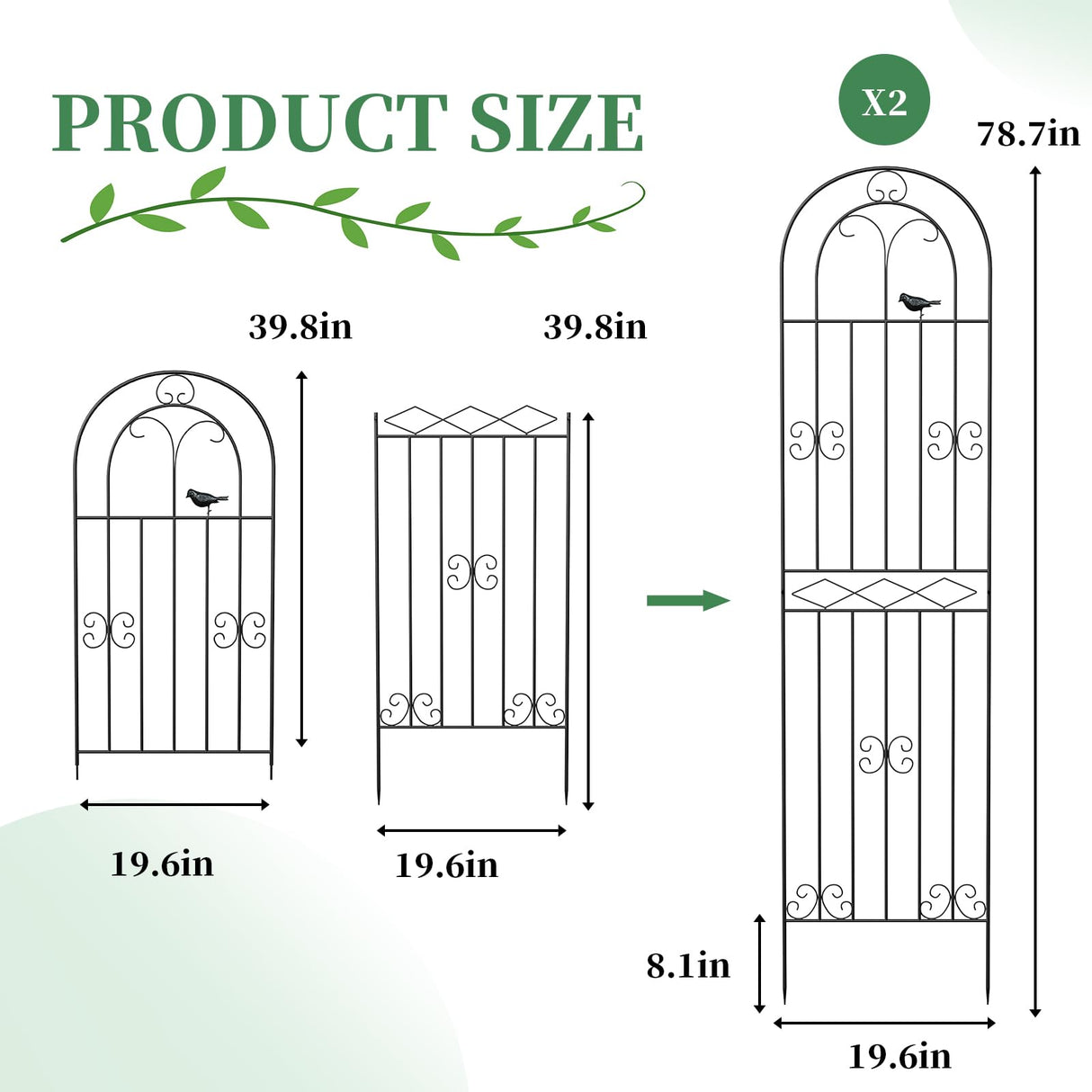 2 Pack 78.7" x 19.6" Iron Arch Decoration Garden Trellis, Metal Climbing Plant Trellis for Heavy Vines, Roses, Flowers, and Vegetables, Perfect for Gardens, Lawns.