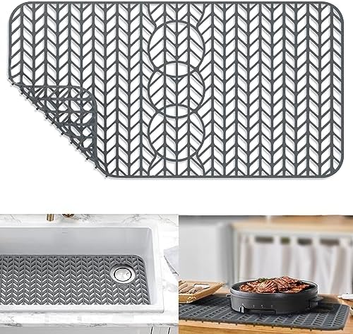GUUKIN Sink Protectors for Kitchen Sink - 29"x 15.35" Silicone Kitchen Sink Mat Grid for Bottom of Farmhouse Stainless Steel Porcelain Sink with 3 Reserved Holes（Grey）