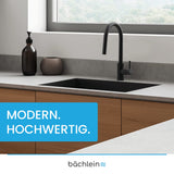 Bächlein Kitchen tap 360° rotatable (matt black) – single-hand basin tap made of stainless steel with pull-out hose and spray head with switch knob, tap for the kitchen