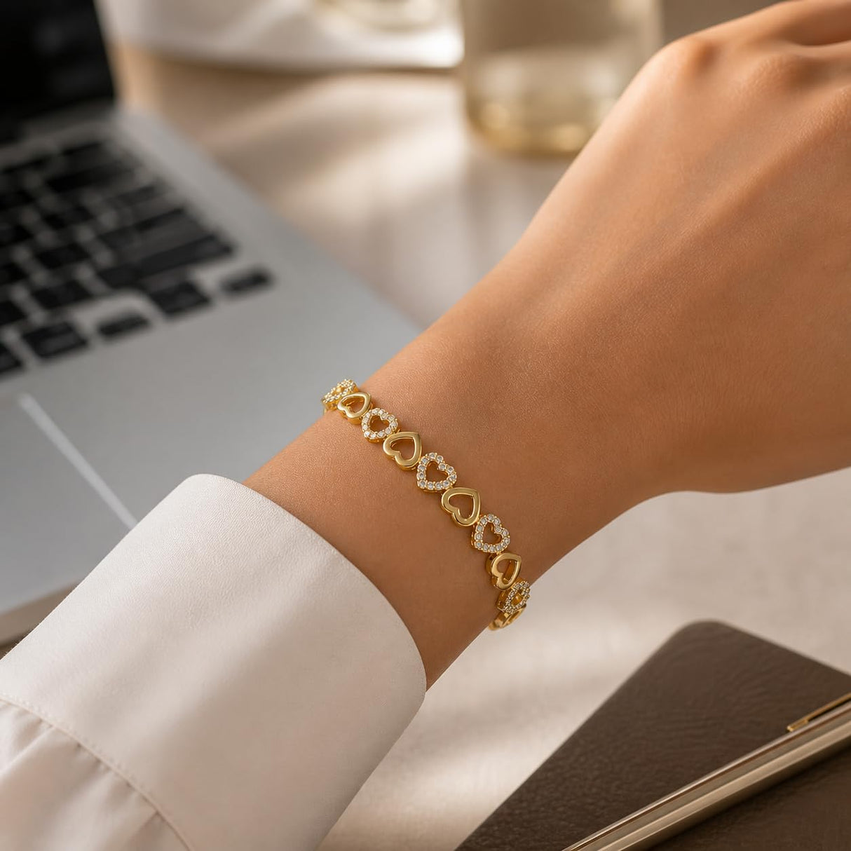 Amy & Annette 14K Gold Plated Heart Bangle Bracelet for Women with Crystals - Adjustable Gold Bangles, Heart Bracelets for Women, Cute Bangle, Gold Plated Bracelets