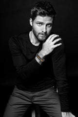 LOWNOUR Mens Bracelet Set Black Leather Bracelets for Men Tiger Eye Bracelet 8mm Lava Rock Beaded Bracelets Adjustable Stretch