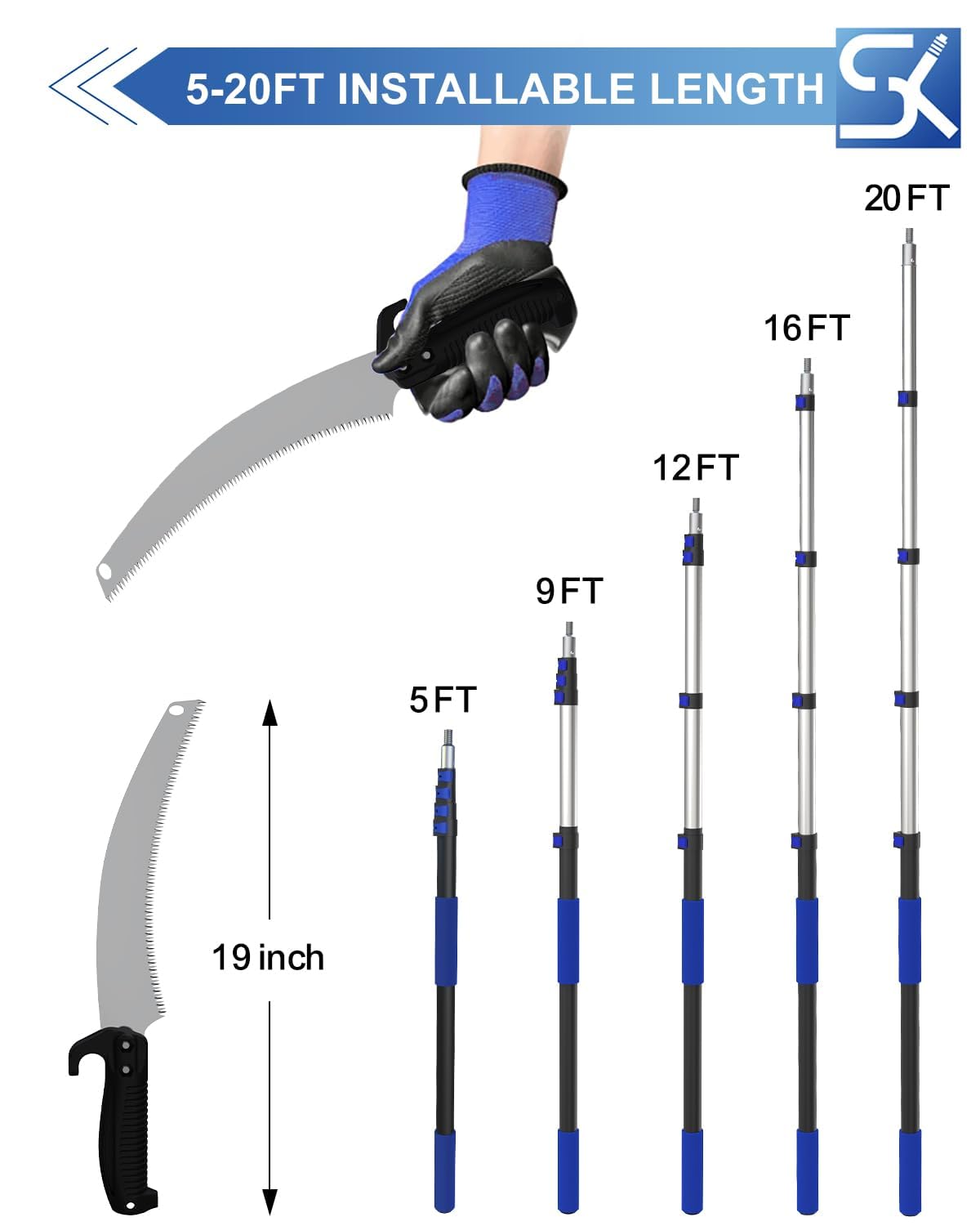 SKGPOLE 26FT Reach Pole Saws for Tree Trimming, Manual Pruning Pole Saw with 5-20FT Telescoping Extension Pole, Tree Pruner Tree Trimmer with 19" 3X Detachable Saw for Yard Garden Trees Palms Shrubs