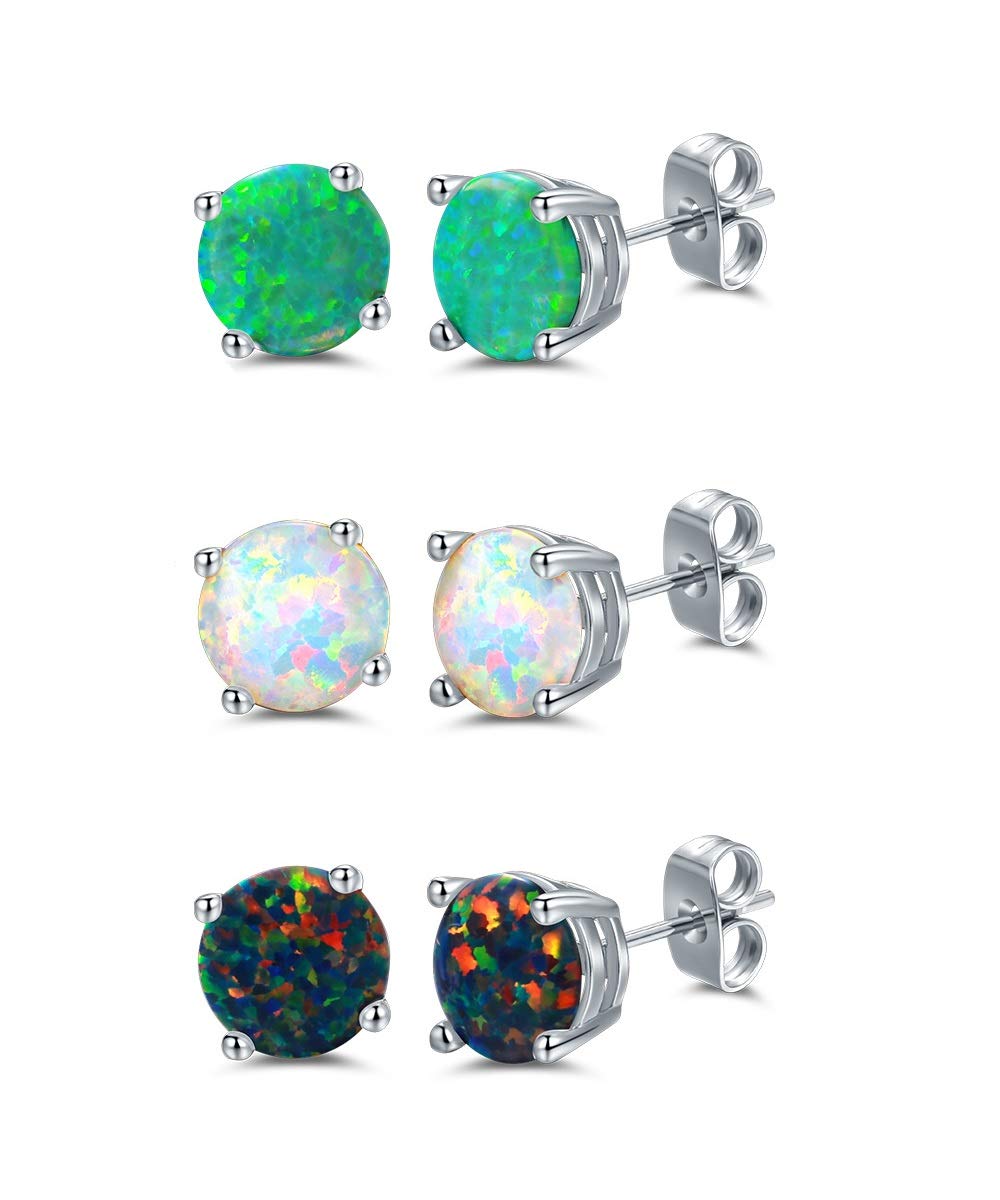 Barzel 18K White Gold Plated Black, White & Green Created Opal Stud Earrings 3 Pack Set, 6MM (Multicolor)
