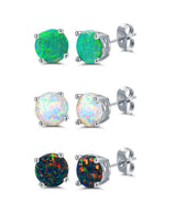 Barzel 18K White Gold Plated Black, White & Green Created Opal Stud Earrings 3 Pack Set, 6MM (Multicolor)