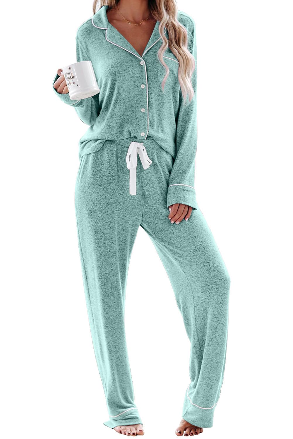 Aamikast Pajama Sets for Women Soft Button Up Christmas Pjs Matching Sets (Sky Lake Blue M)