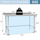 Hally Open Base Stainless Steel Table 30 x 60 Inches, NSF Commercial Heavy Duty Prep & Work Table with Backplash and Galvanized Legs for Restaurant, Home and Hotel
