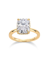PAVOI 14K Yellow Gold Plated Radiant Cut Engagement Ring for Women | Hidden Halo Ring | Size 5