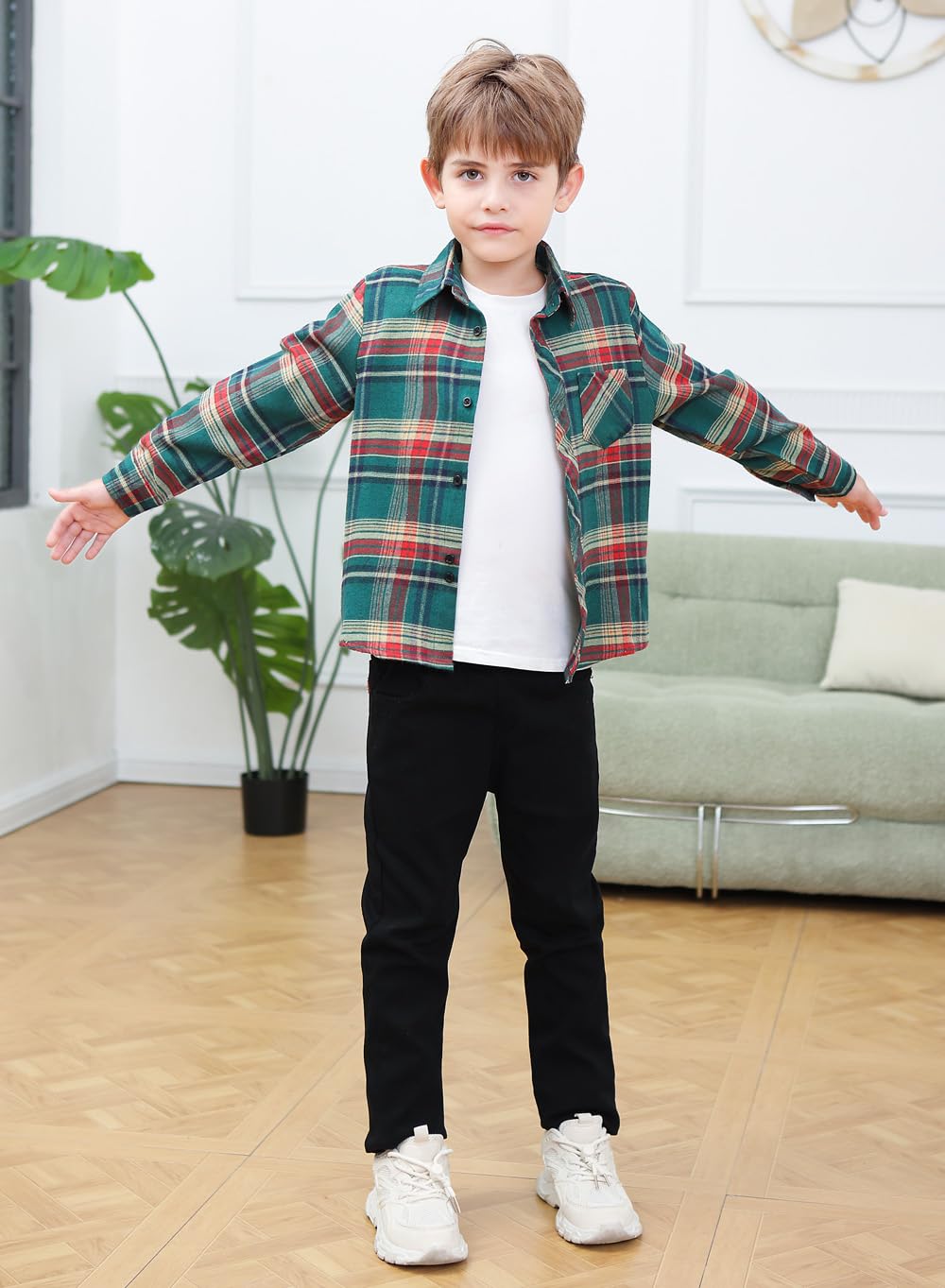 Cromoncent Kids Long Sleeve Button Down Flannel Cotton Plaid Shirt Tops for Boys,Christmas Green,5-6 Years = Tag 130