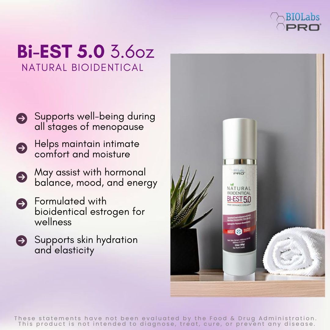 BIOLabs PRO Natural BiEst Cream 5.0, Bio-Identical Formula for Women, 5% Maximum Strength Active Ingredients, Silky Smooth Application, Paraben-Free, Cruelty-Free, Three-Month Supply (Unscented-3.6oz)