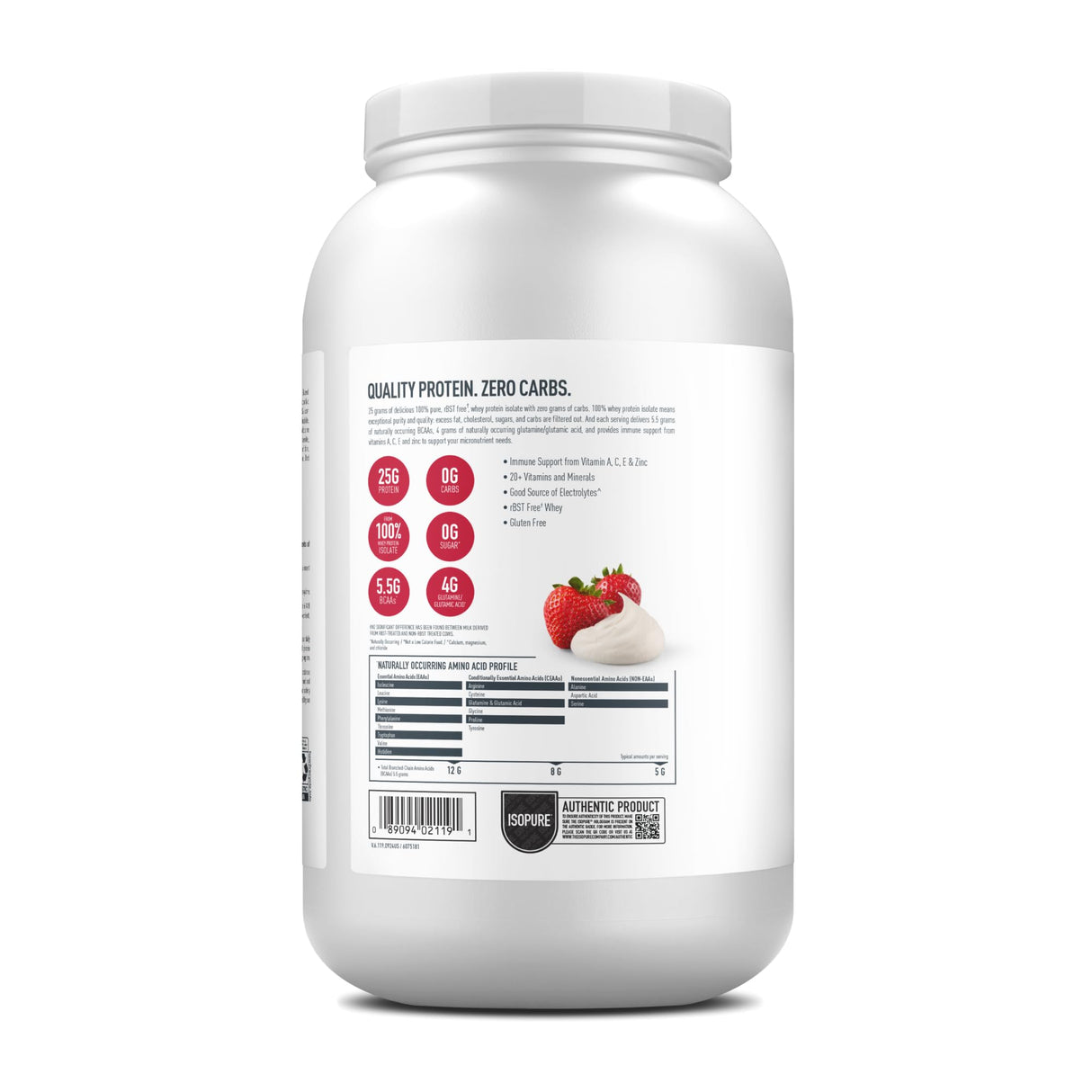 Isopure Zero Carb 100% Pure Whey Isolate Protein Powder, Lactose Free, Gluten Free, With Vitamins, Strawberries & Cream, 25g Protein Per Serving, 3 Lbs, 44 Servings (Packaging May Vary)