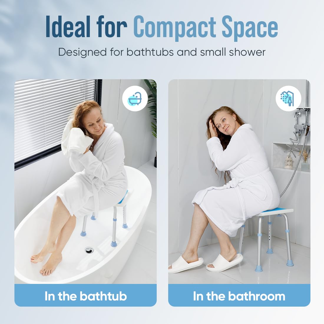 OasisSpace Shower Chair, Adjustable Bath Stool Chair for Inside Shower - Tool Free Anti-Slip Bench Bathtub Stool Seat with Durable Aluminum Legs for Elderly, Senior, Handicap & Disabled