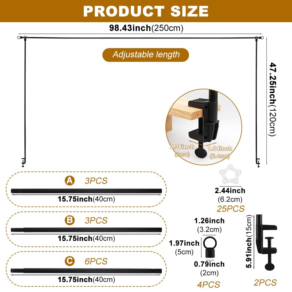 Over The Table Rod Stand with Clamps Adjustable Table Balloon Arch Stand for Party Wedding Anniversary, 34” to 98.43” Length, 30.25” to 47.25” Height(Color:Black)