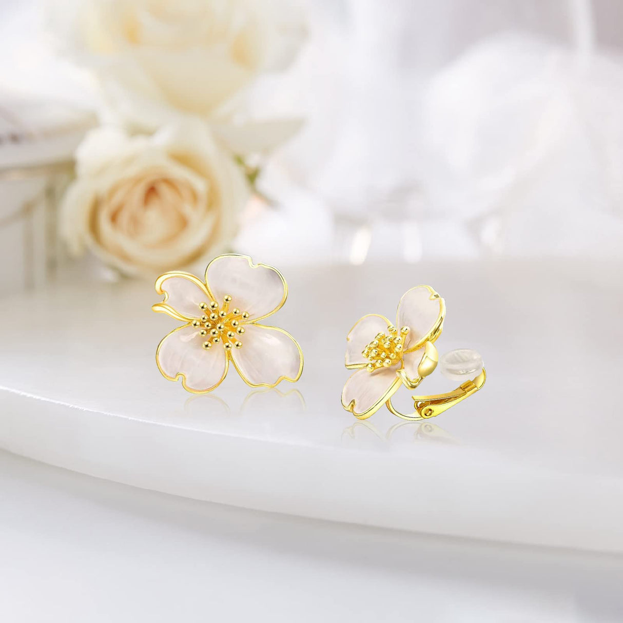 NUOKUN Clip on Earrings Women, 14K Gold Plated Earrings for Sensitive Ears, Fashion Women's Earrings Jewelry Birthday Gift for Wife Grandma Daughter on Christmas Thanksgiving (Sakura Cream Enamel Earrings)