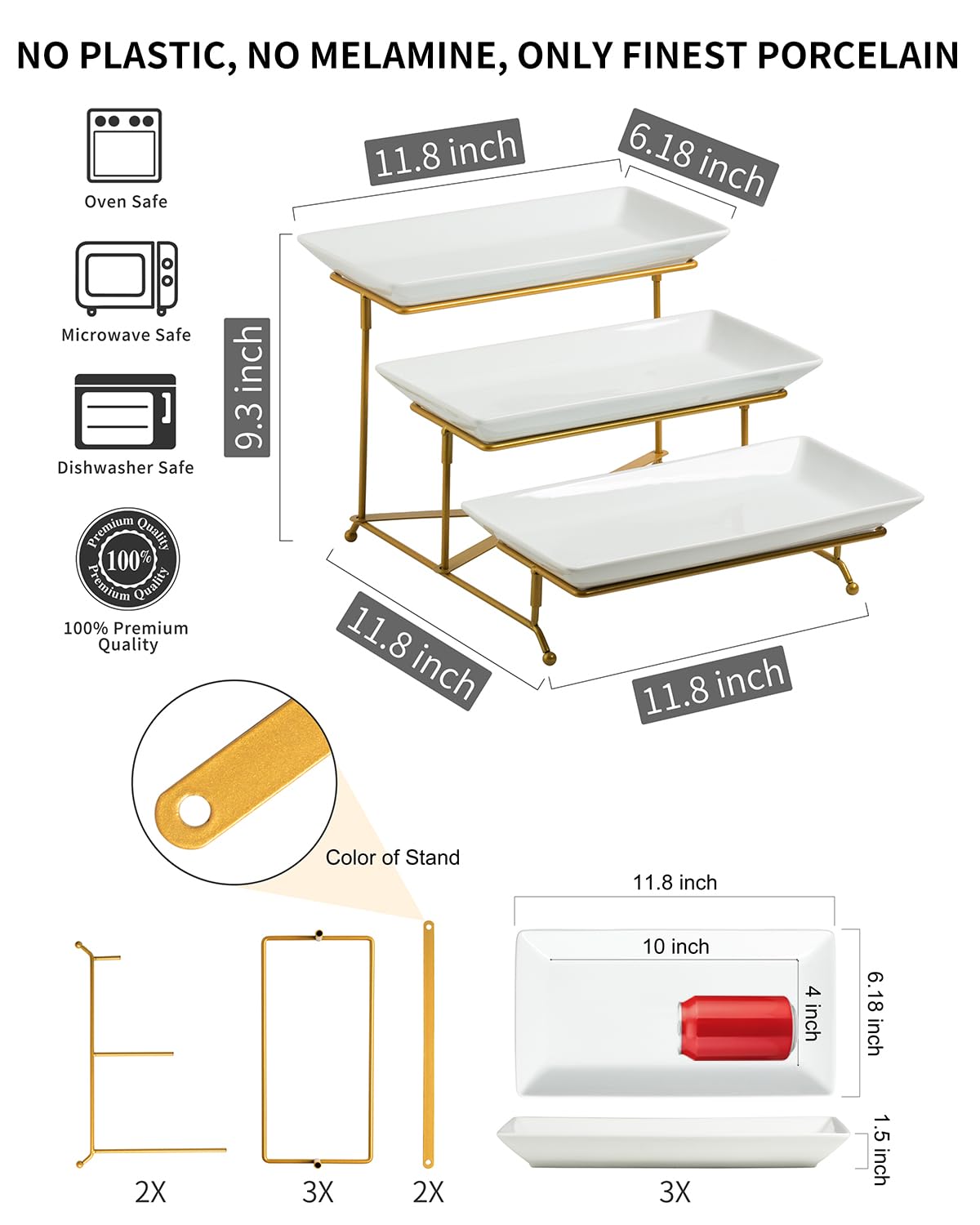 LAUCHUH 3 Tier Serving Stand Porcelain Serving Platter Tier Serving Trays with Collapsible Sturdier Rack, Serving Dishes and Platters for Thanksgiving, Christmas, Entertaining, Gold, 12 Inch