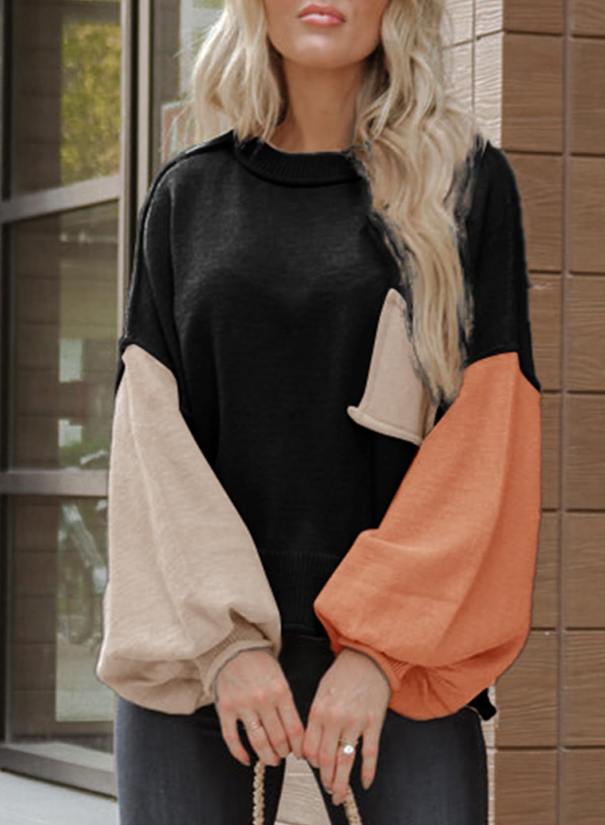 Dokotoo Christmas Sweaters Black Womens Sweaters for Women Color Block Crewneck Winter 2025 Fashion Trendy Lightweight Sweaters Tops Long Sleeve Casual Ribbed Hem Knitwear Lantern Pullover Sweater