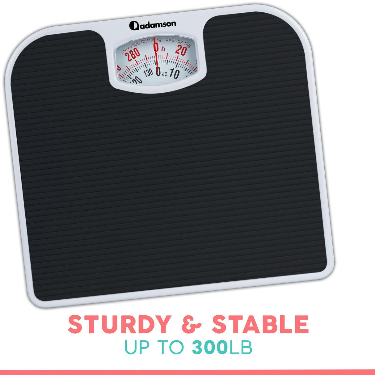 Adamson A21 Analog Scales for Body Weight - Up to 300 LB - New 2024 - Anti-Skid Rubber Surface + Large Numbers - Analog Bathroom Scale - Affordable - Durable with 20-Year Warranty - Black