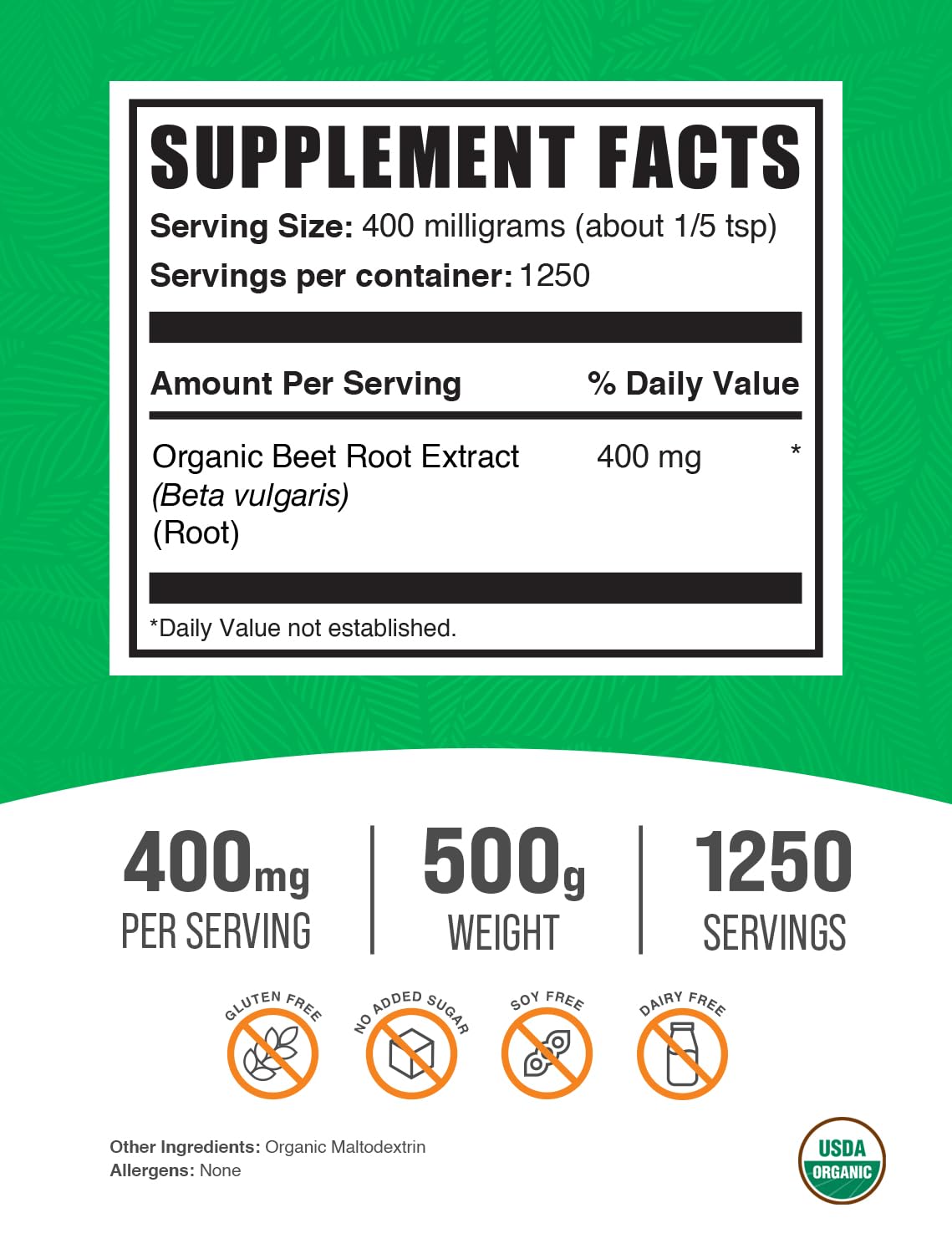 BulkSupplements.com Organic Beet Root Extract Powder - Superfood Supplement, Beets Supplements, Beets Powder - Vegan & Gluten Free, 400mg per Serving, 500g (1.1 lbs) (Pack of 1)