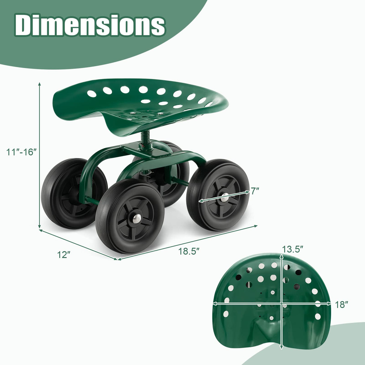 Toolsempire Garden Cart with Seat, Heavy-Duty Rolling Outdoor Wagon Scooter w/Height Adjustable & 360° Swivel Seat, Gardening Work Seat Stool, Patio Scooter on Wheels for Lawn Yard Planting (Green)