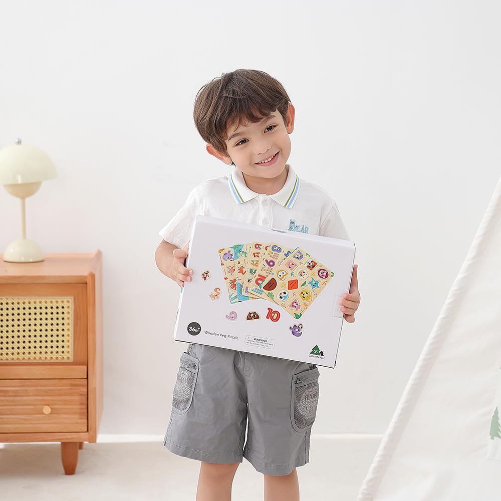 GRINNNIE Wooden Puzzles for Toddlers 3 4 5 Years Old, Montessori Toddler Toys 5PCS Peg Puzzles with Knob - Number, Alphabet, Shape, and Animal, Great Christmas Birthday Gifts for Boys Girls