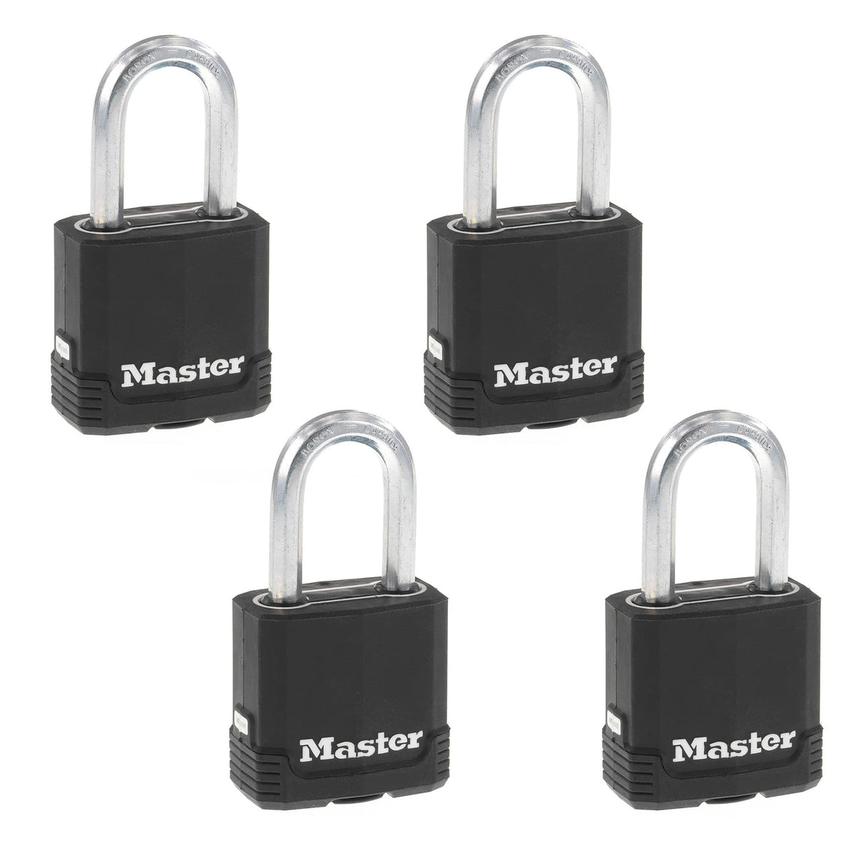 Master Lock Black Key Lock, Heavy Duty Weather Resistant Padlock with Cover, Keyed Alike Padlocks for Outdoor Use, 4 Pack, M115XQLF