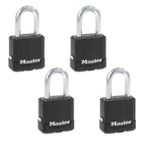 Master Lock Black Key Lock, Heavy Duty Weather Resistant Padlock with Cover, Keyed Alike Padlocks for Outdoor Use, 4 Pack, M115XQLF