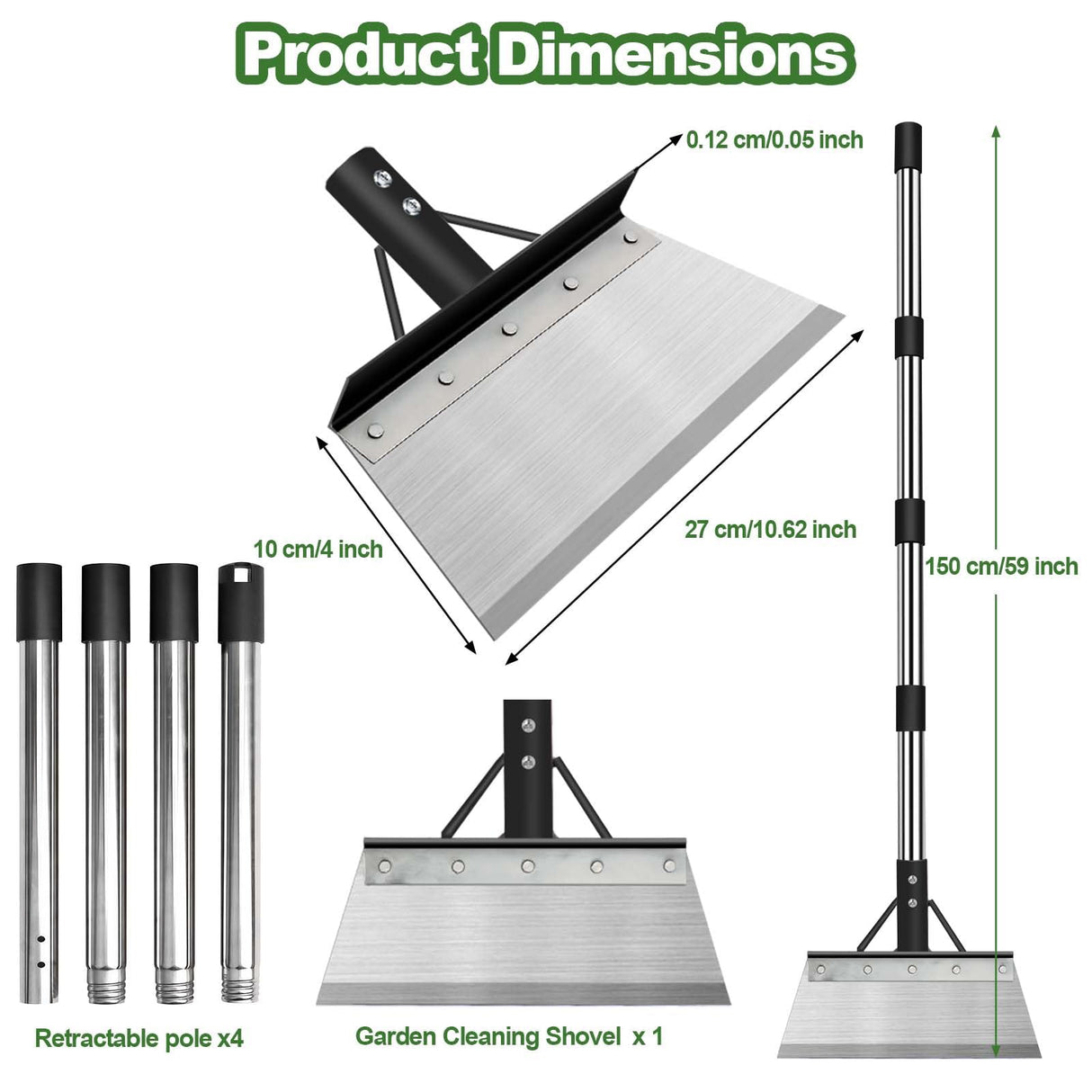 INCIKITI Multifunctional Garden Cleaning Shovel, Heavy Duty Steel Flat Shovel with 59" Adjustable Handle, Snow Ice Scraper, Outdoor Spade Tool for Weeding, Lawn Edging, Digging, Ice Removal