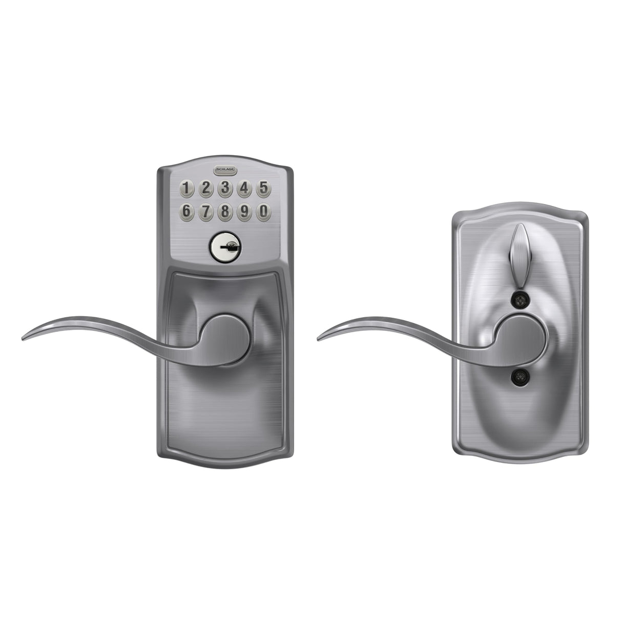 Schlage Camelot Keypad Lock with Lever Handle, Electronic Keyless Door Entry, Flex Lock Auto‑Lock Option, Satin Chrome, FE595 CAM 626 ACC