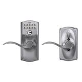 Schlage Camelot Keypad Lock with Lever Handle, Electronic Keyless Door Entry, Flex Lock Auto‑Lock Option, Satin Chrome, FE595 CAM 626 ACC