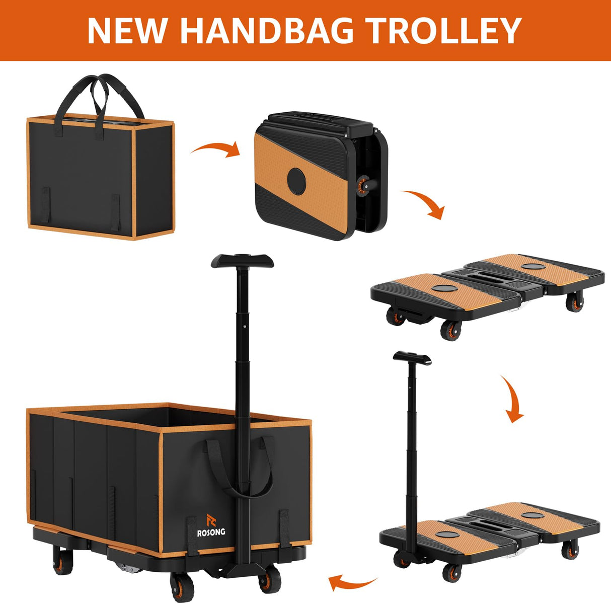 Collapsible Foldable Wagon Cart Heavy Duty, 3-in-1 Utility Dolly Wagons Carts with Wheels, Portable Folding Hand Truck with Removable Bag for Groceries, Laundry, Sports, Office