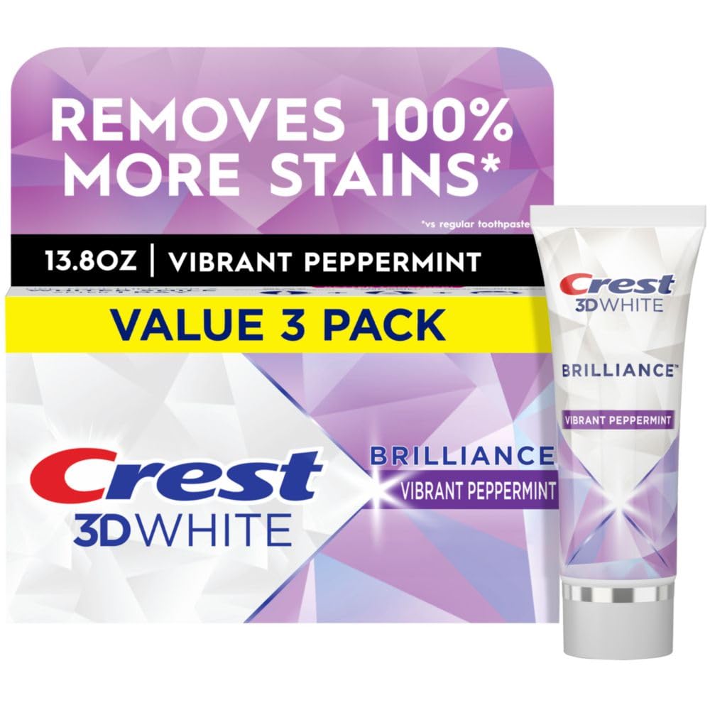 Crest 3D White Brilliance Vibrant Peppermint Teeth Whitening Toothpaste, 4.6 oz Pack of 3, Anticavity Fluoride Toothpaste, 100% More Surface Stain Removal, 24 Hour Active Stain Prevention
