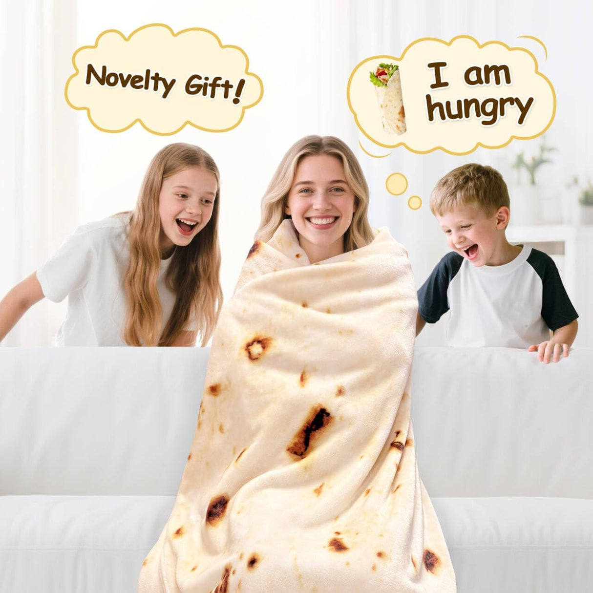 Mermaker Burrito Tortilla Taco Blanket 71 inches for Adult Kids, Realistic Tortilla Throw Blanket Funny Gifts for Women Men Teen Boy Girl, Soft Flannel Food Blanket for Christmas Birthday Gifts-Yellow